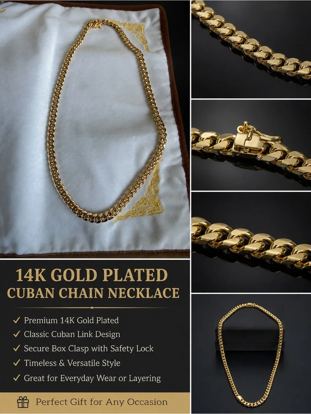 14K Gold Plated Cuban Chain Necklace - Classic Gold Tone